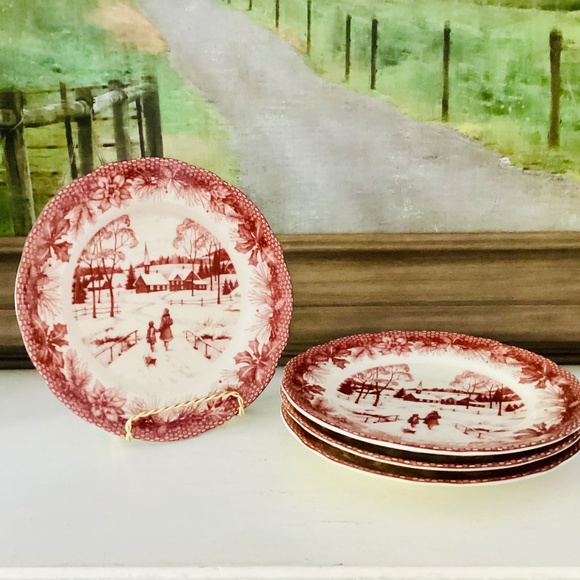 Set of 4 Fine China porcelain 222 Fifth Poinsettia Toile Salad Plates Christmas - Picture 1 of 11